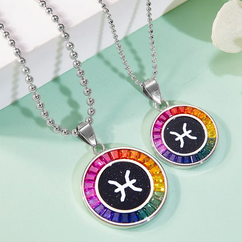Pisces Multicolor Synthetic Gemstone Horoscope Necklace S925 White-Gold-Plated Silver