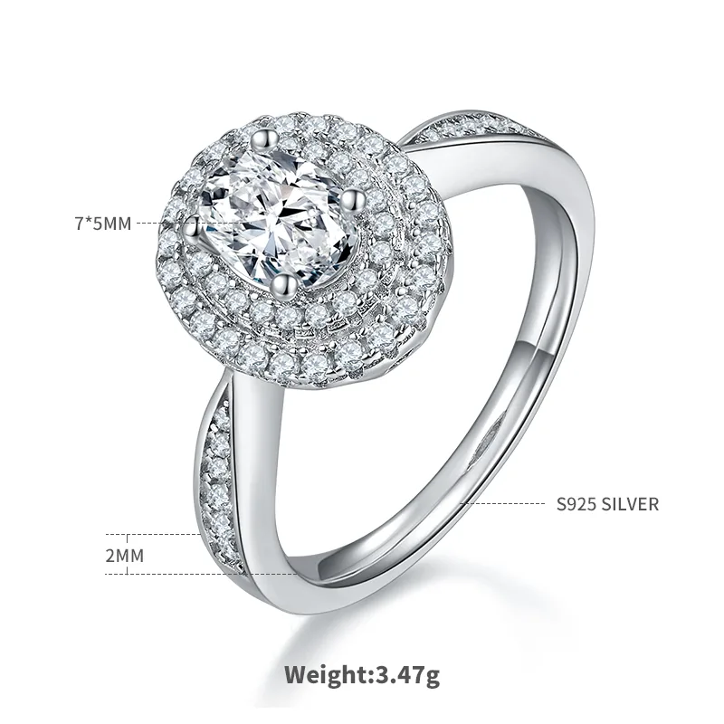 Luxury Pavé Oval S925 White-Gold-Plated Silver Moissanite Wedding Band Women's Ring 1.0ct D