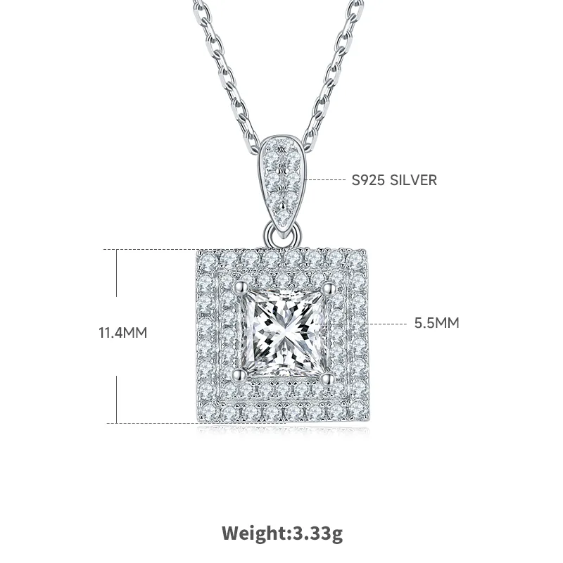 Luxury Pavé Square S925 White-Gold-Plated Silver Moissanite Pendant Stud Earrings Jewelry Set