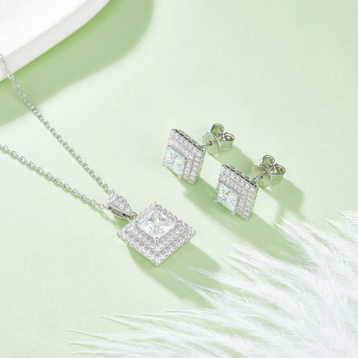 Luxury Pavé Square S925 White-Gold-Plated Silver Moissanite Pendant Stud Earrings Jewelry Set