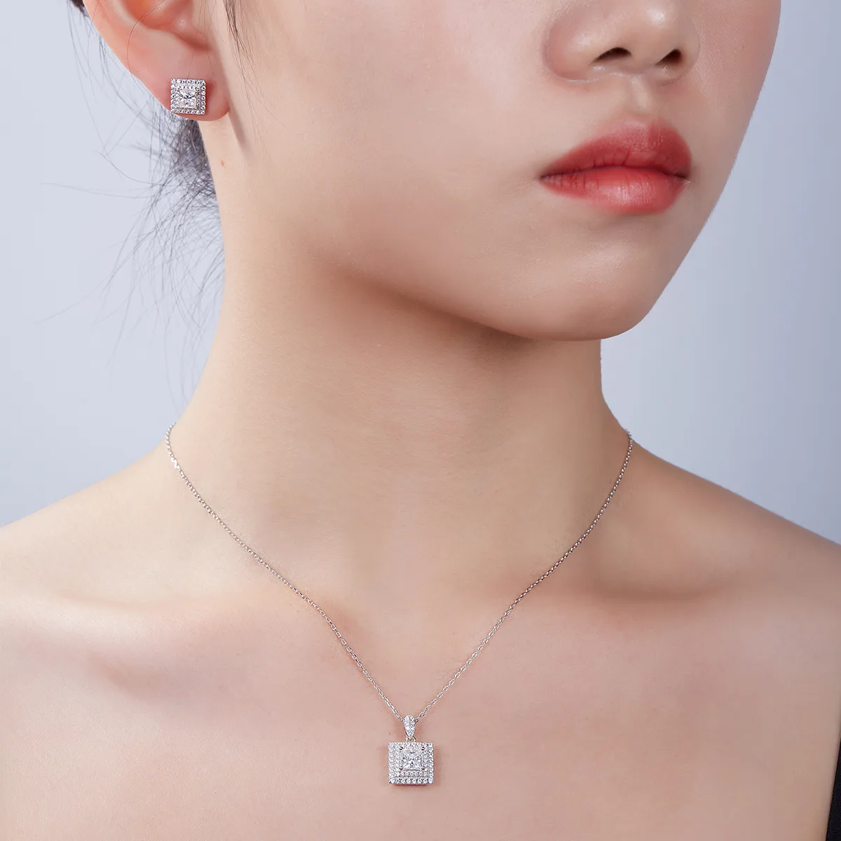 Luxury Pavé Square S925 White-Gold-Plated Silver Moissanite Pendant Stud Earrings Jewelry Set