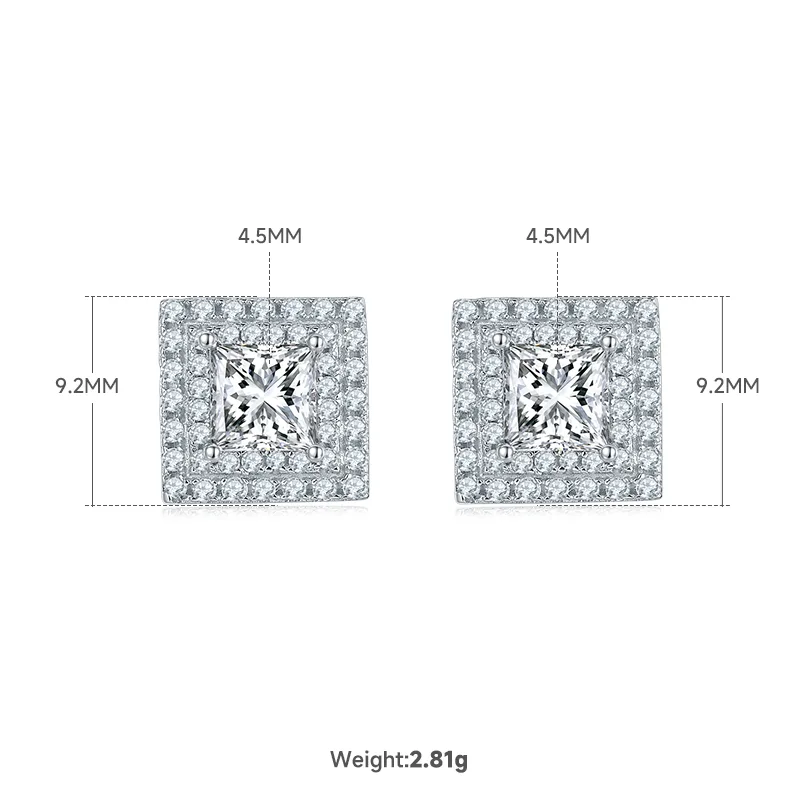 Luxury Pavé Square S925 White-Gold-Plated Silver Moissanite Pendant Stud Earrings Jewelry Set