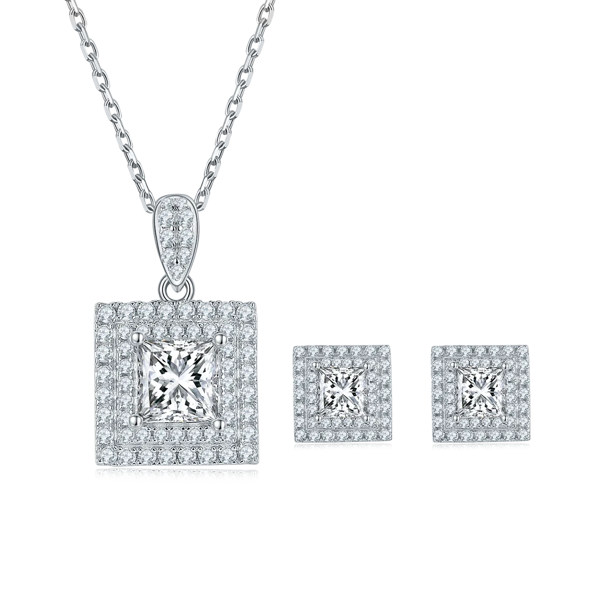 Luxury Pavé Square S925 White-Gold-Plated Silver Moissanite Pendant Stud Earrings Jewelry Set