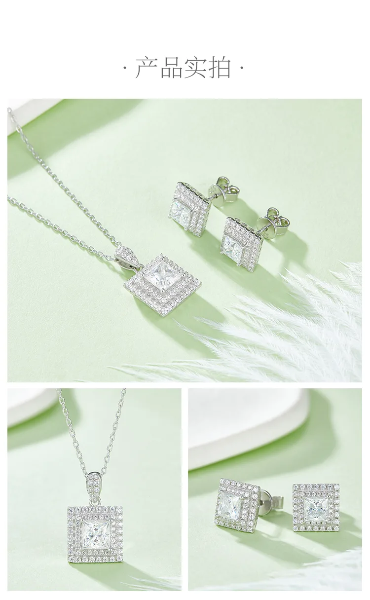 Luxury Pavé Square S925 White-Gold-Plated Silver Moissanite Pendant Stud Earring
