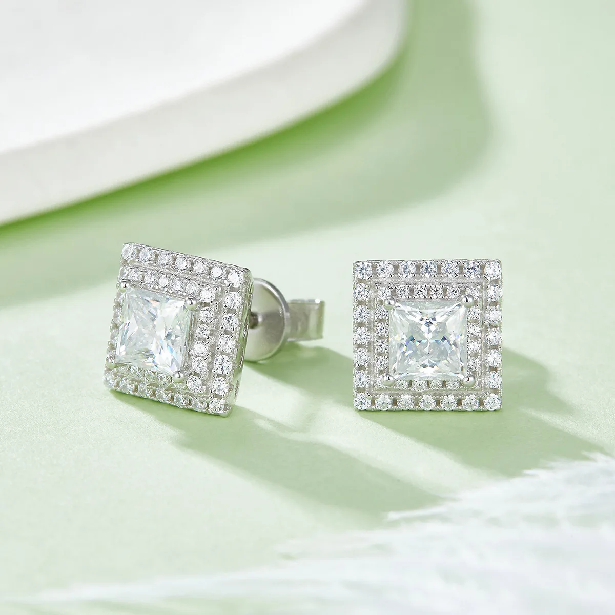Luxury Pavé Square S925 White-Gold-Plated Silver Moissanite Pendant Stud Earrings Jewelry Set