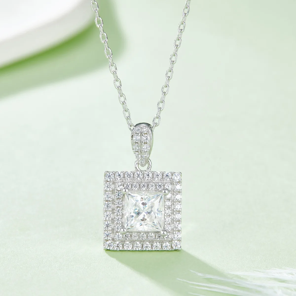 Luxury Pavé Square S925 White-Gold-Plated Silver Moissanite Pendant Stud Earrings Jewelry Set