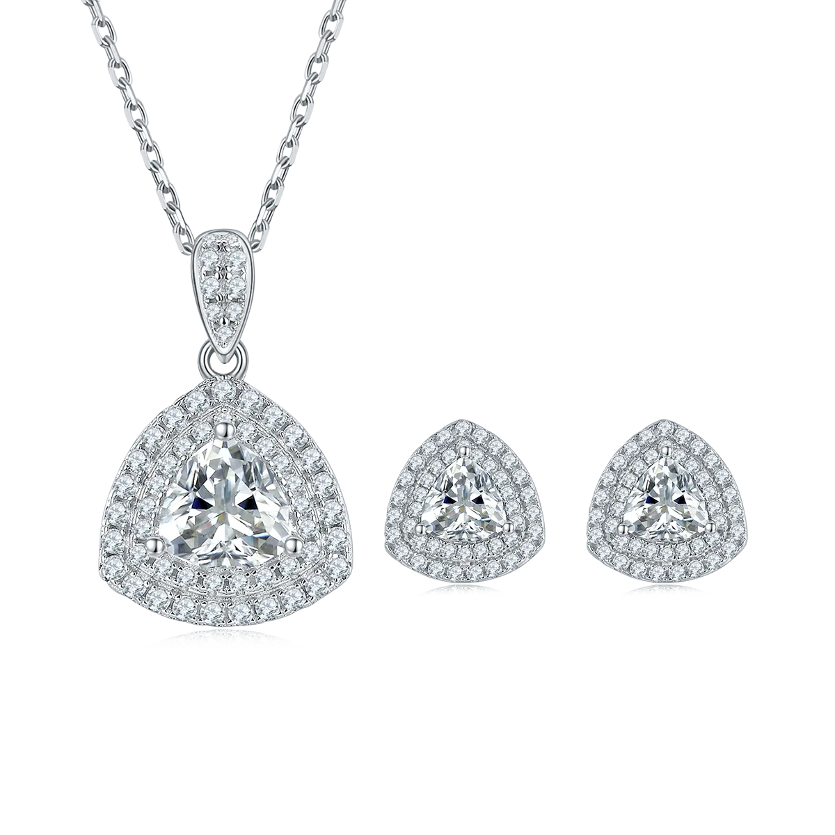 Luxury Pavé Trilliant S925 White-Gold-Plated Silver Moissanite Pendant Stud Earrings Jewelry Set