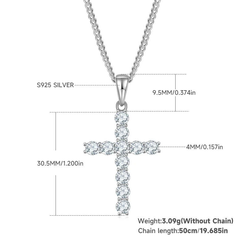 Classic Cross Necklace S925 Silver Pendant Moissanite 4.0mmD