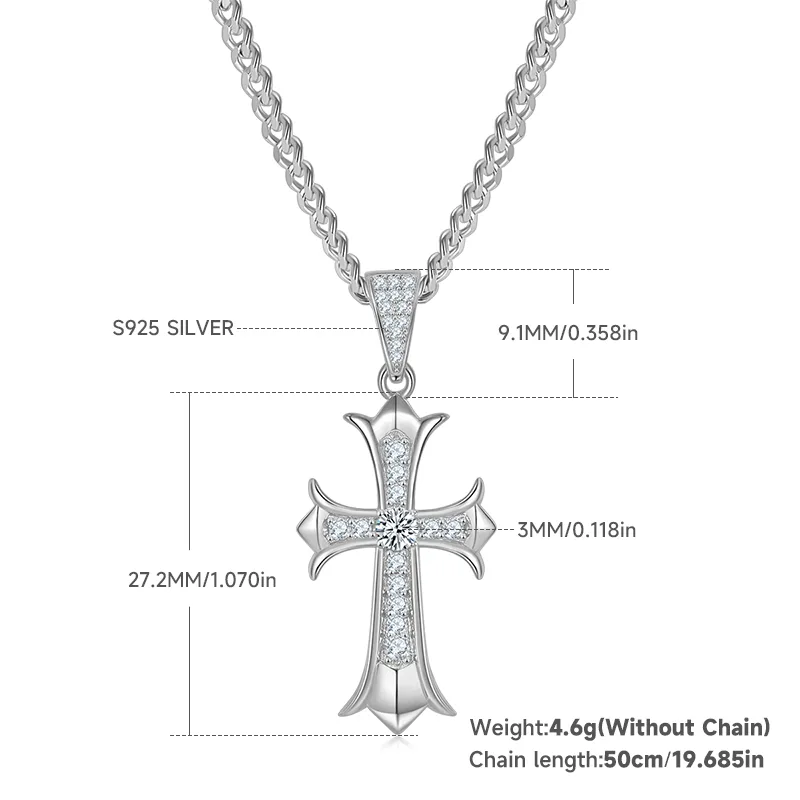 Vintage Cross Necklace S925 Silver Pendant Moissanite 3.0mmD