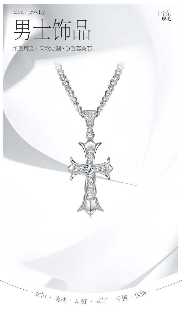 Vintage Cross Necklace S925 Silver Pendant Moissanite 3.0mmD detail 1
