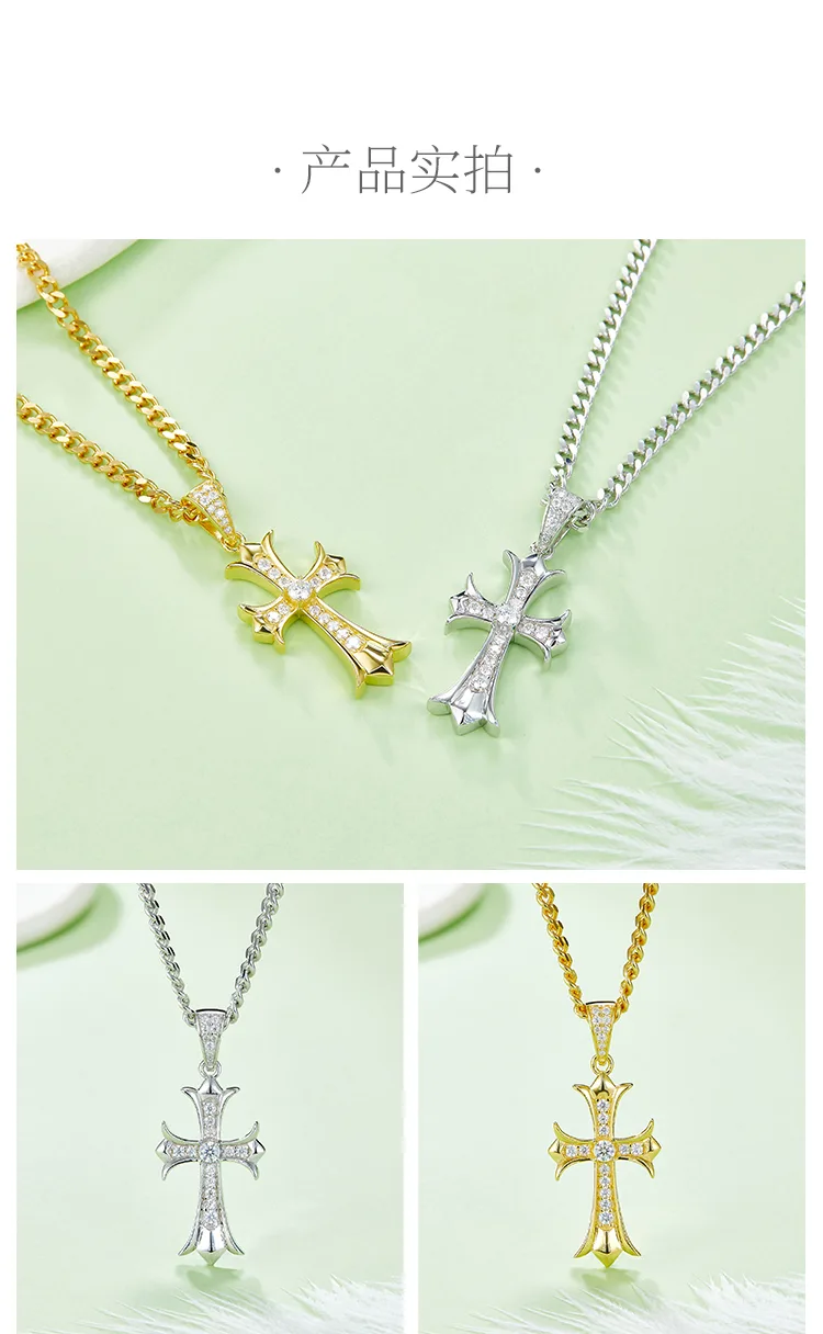 Vintage Cross Necklace S925 Silver Pendant Moissanite 3.0mmD detail 4
