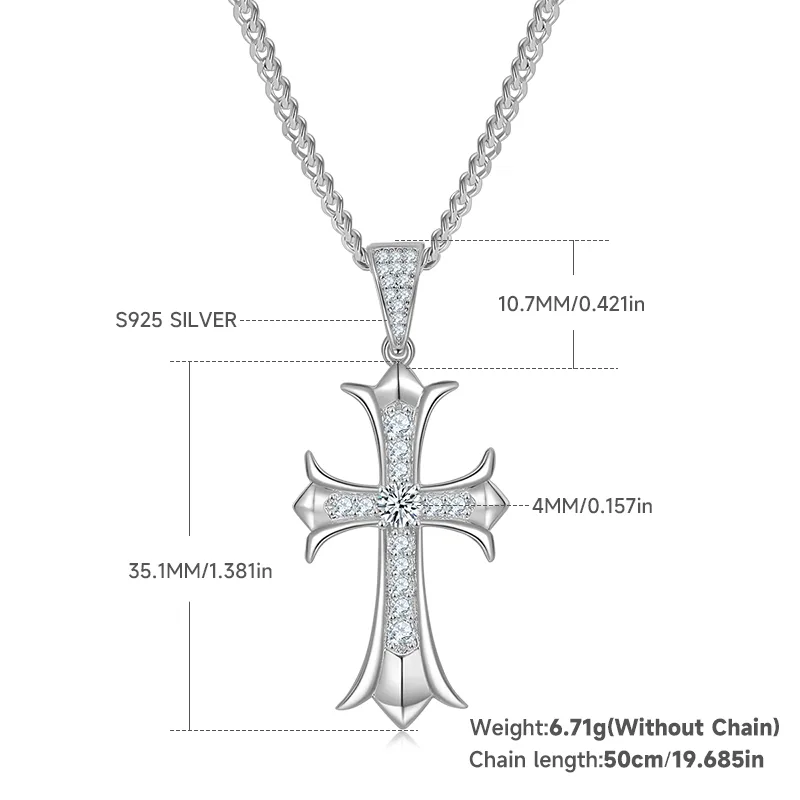 Vintage Cross Necklace S925 Silver Pendant Moissanite 4.0mmD