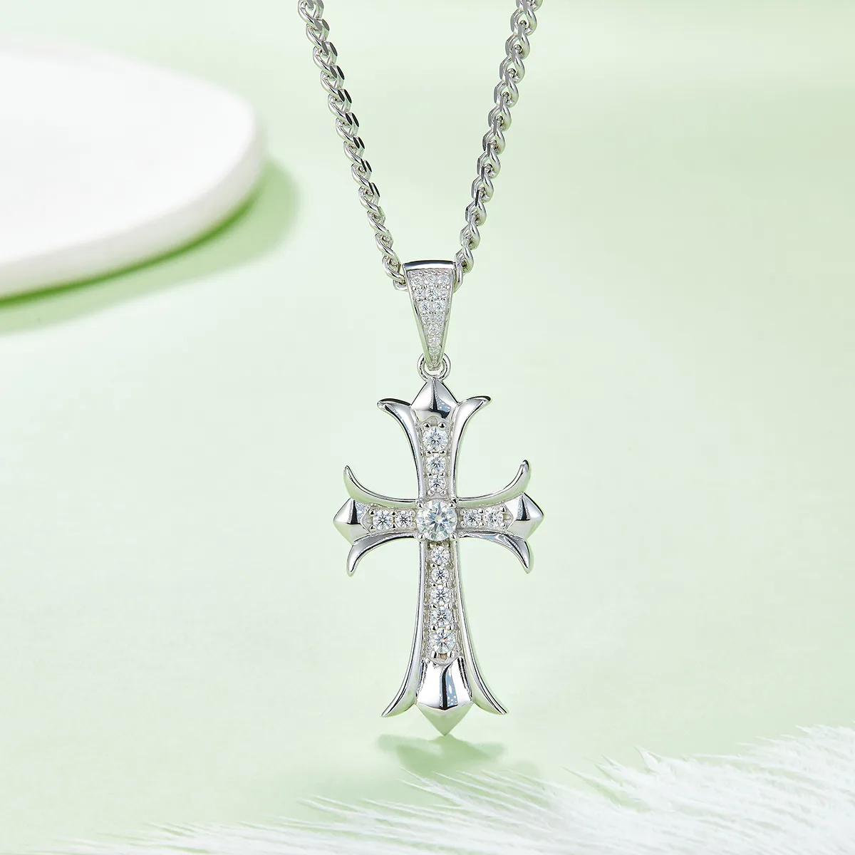 Vintage Cross Necklace S925 Silver Pendant Moissanite 4.0mmD