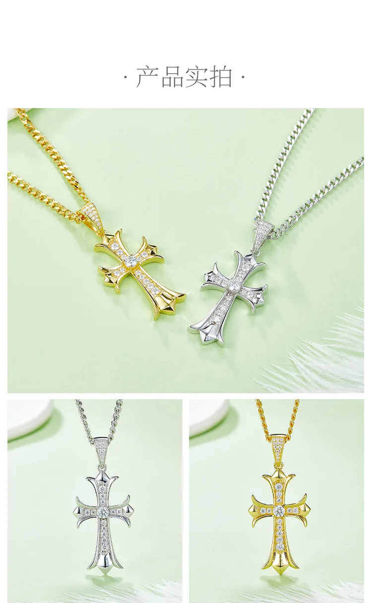 Vintage Cross Necklace S925 Silver Pendant Moissanite 4.0mmD detail 4