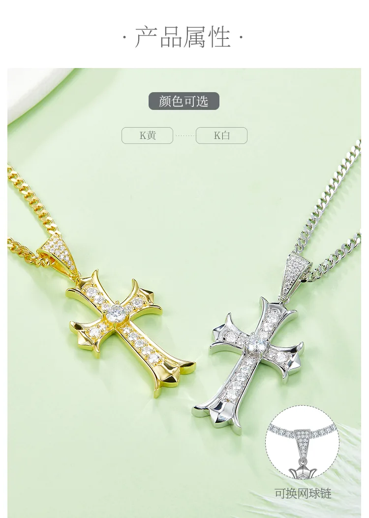 Vintage Cross Necklace S925 Silver Pendant Moissanite 5.0mmD detail 2