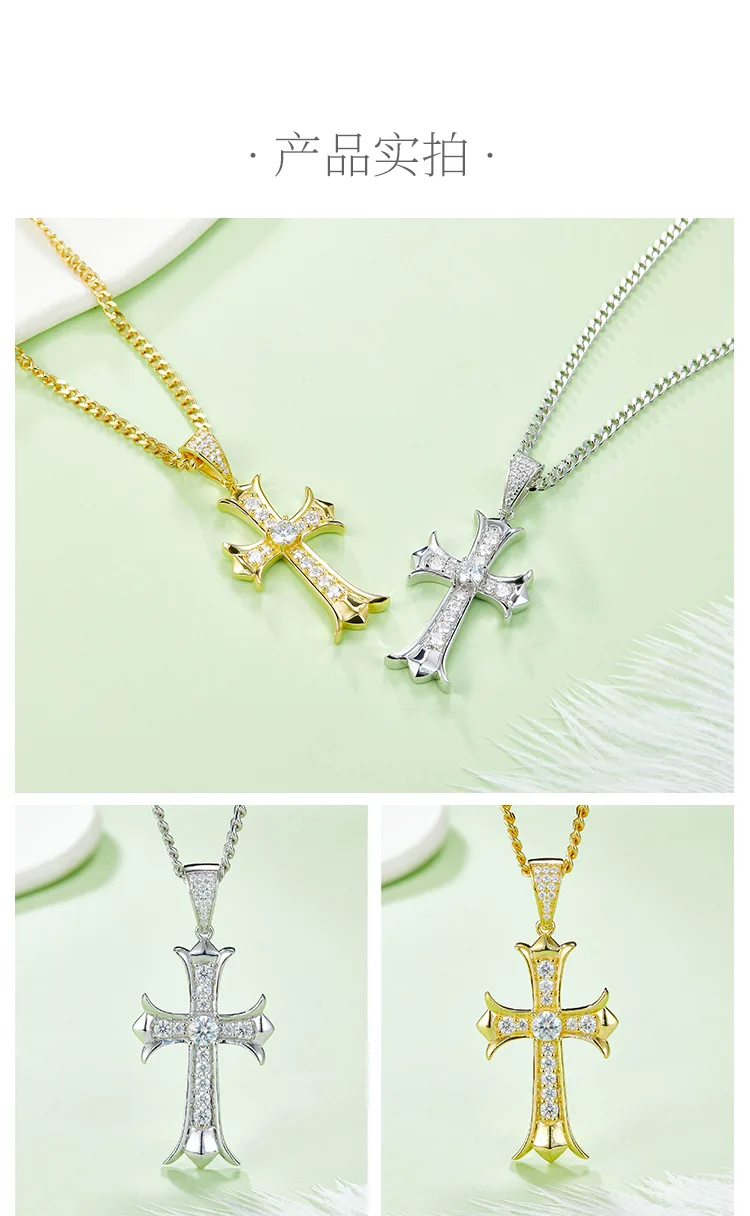 Vintage Cross Necklace S925 Silver Pendant Moissanite 5.0mmD detail 4