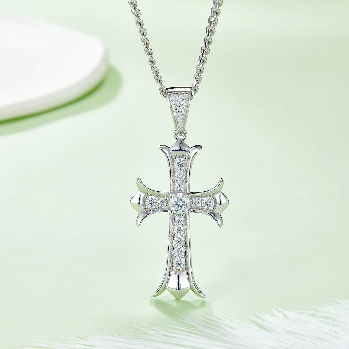 Vintage Cross Necklace S925 Silver Pendant Moissanite 5.0mmD