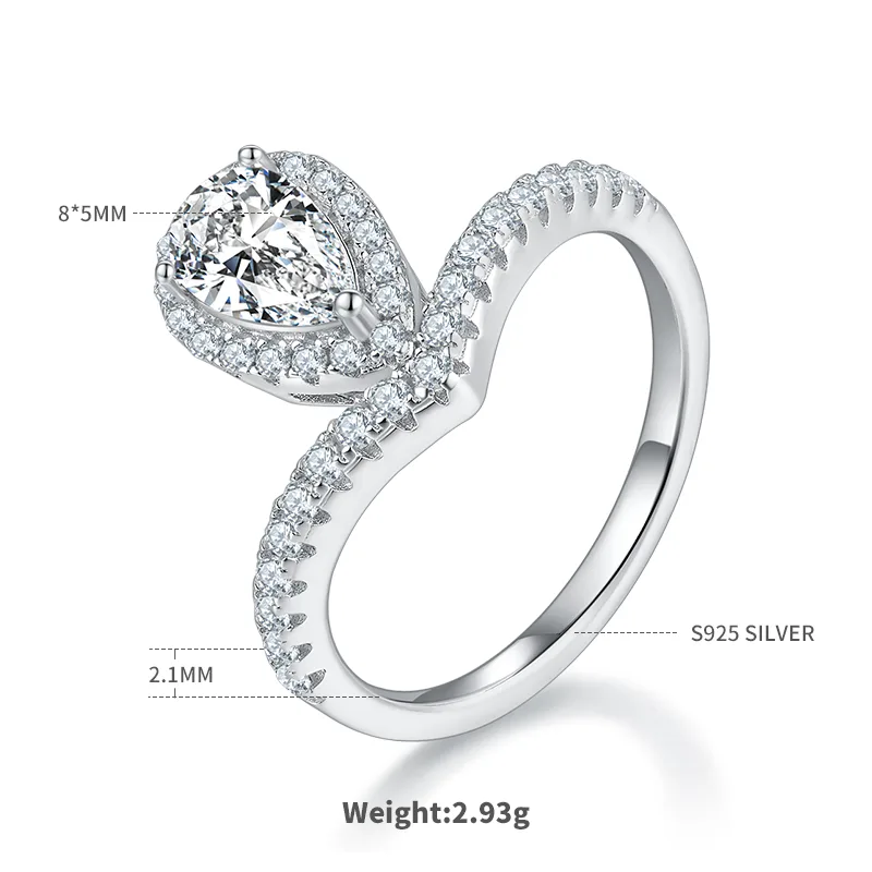 V Minimalist Teardrop S925 White-Gold-Plated Silver Multi Moissanite Engagement Ring Women's Ring 1ct D