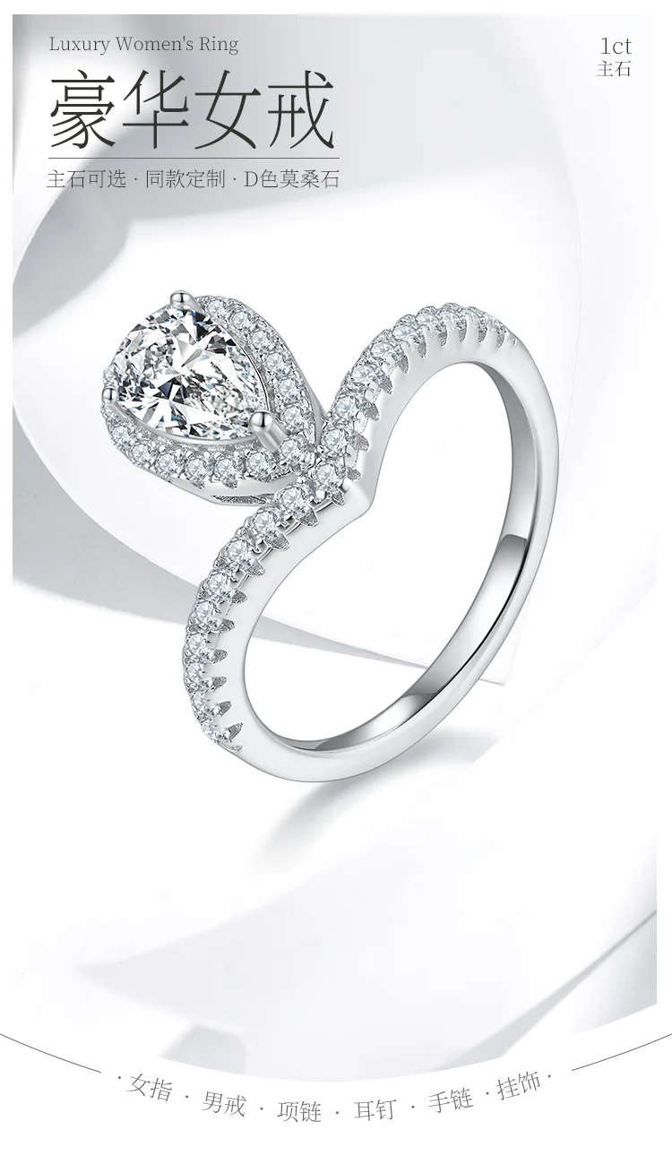 V Minimalist Teardrop S925 White-Gold-Plated Silver Multi Moissanite Engagement 