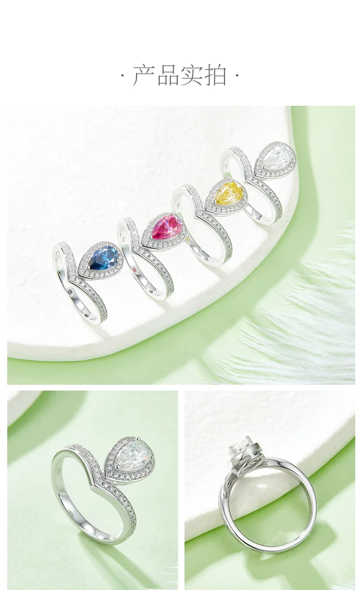 V Tiger Teardrop S925 White-Gold-Plated Silver Multi Moissanite Proposal Ring Wo
