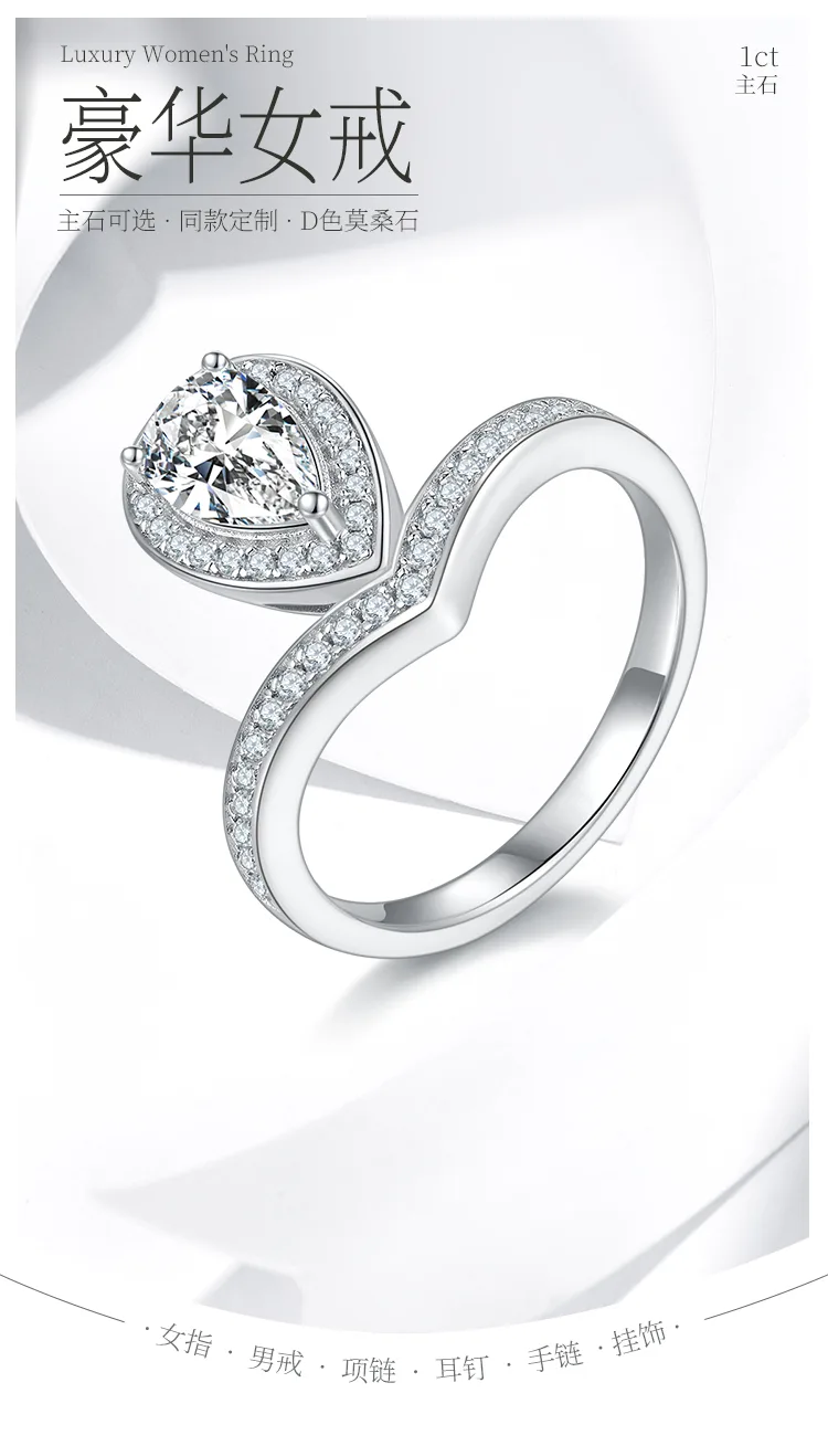 V Tiger Teardrop S925 White-Gold-Plated Silver Multi Moissanite Proposal Ring Wo