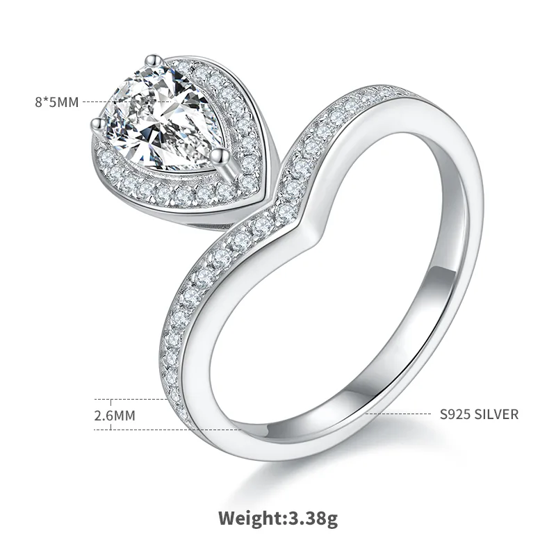 V Tiger Teardrop S925 White-Gold-Plated Silver Multi Moissanite Proposal Ring Women's Ring 1ct D