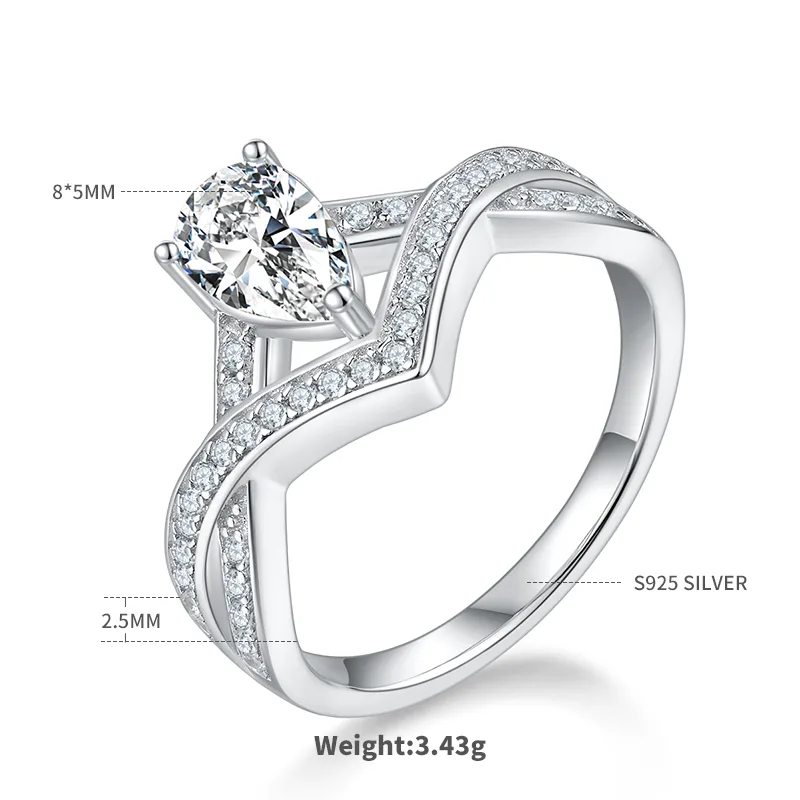 V Teardrop S925 White-Gold-Plated Silver Multi Moissanite Proposal Ring Women's Ring 1ct D