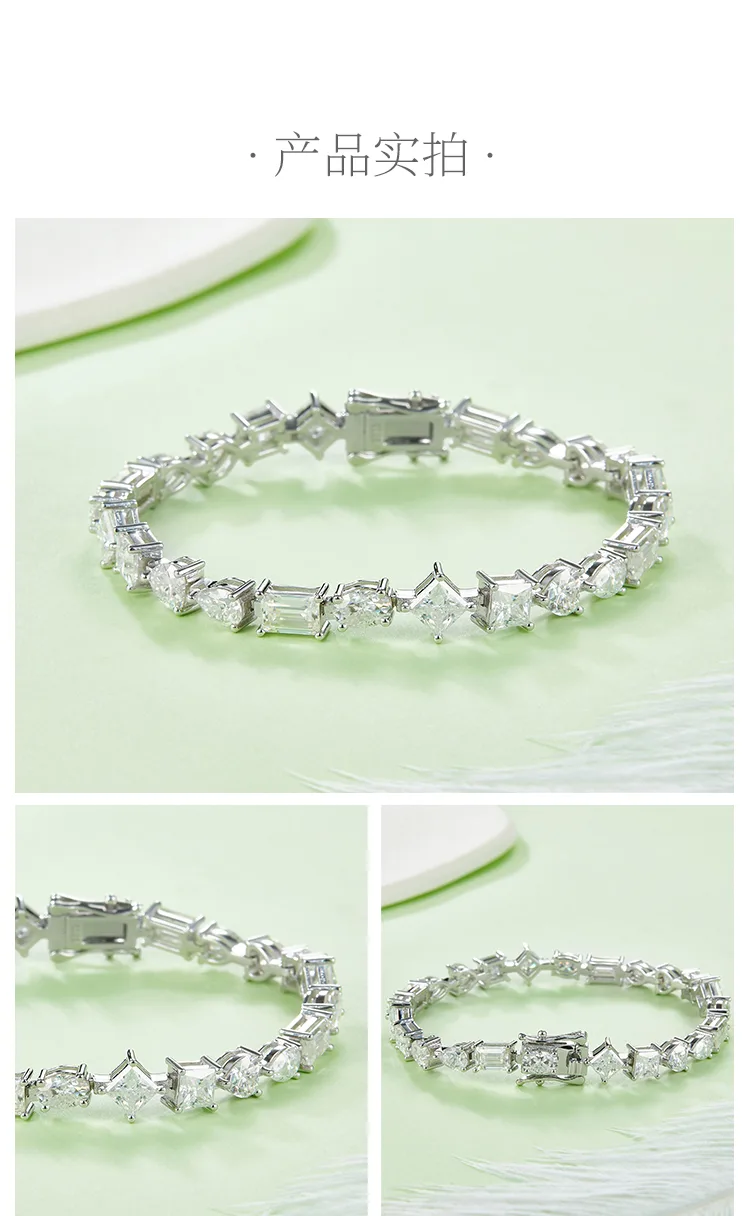 Fantasy Cut Mixed Stones Tennis Necklace S925 White-Gold-Plated Silver Bracelet 