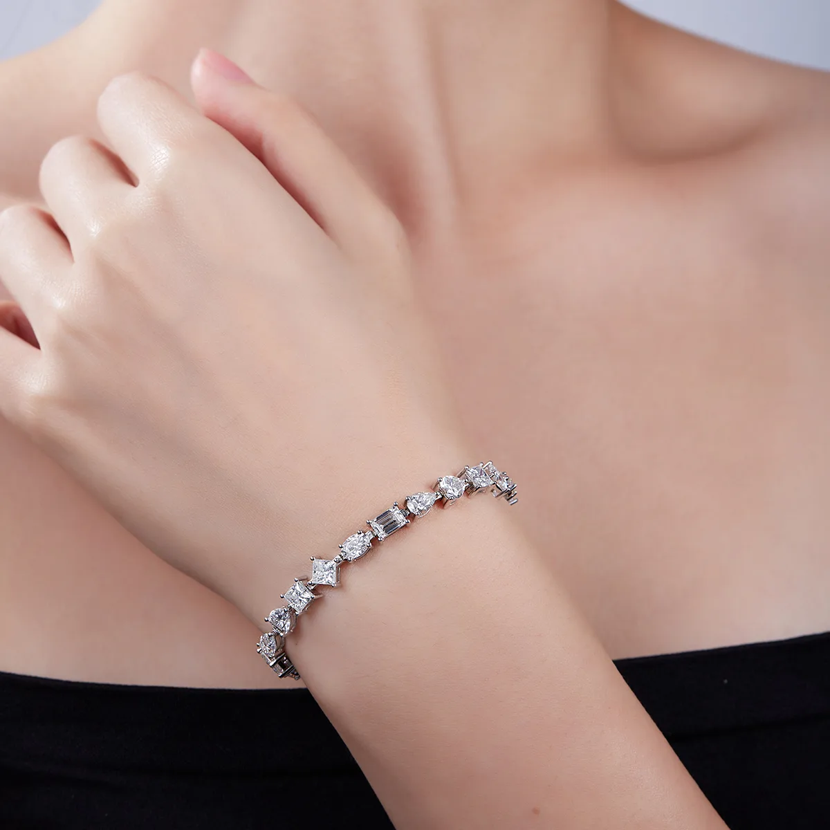 Fantasy Cut Mixed Stones Tennis Necklace S925 White-Gold-Plated Silver Bracelet Moissanite 0.5CT/ Stones DVVS