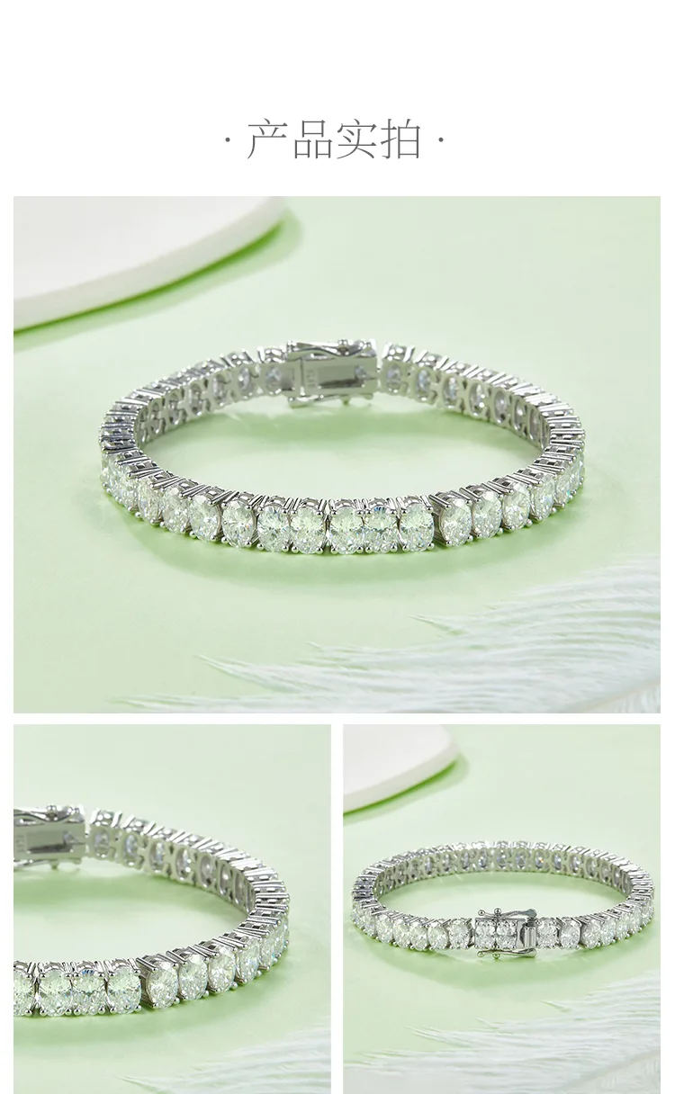 Oval Mixed Stones Tennis Necklace S925 White-Gold-Plated Silver Bracelet Moissan
