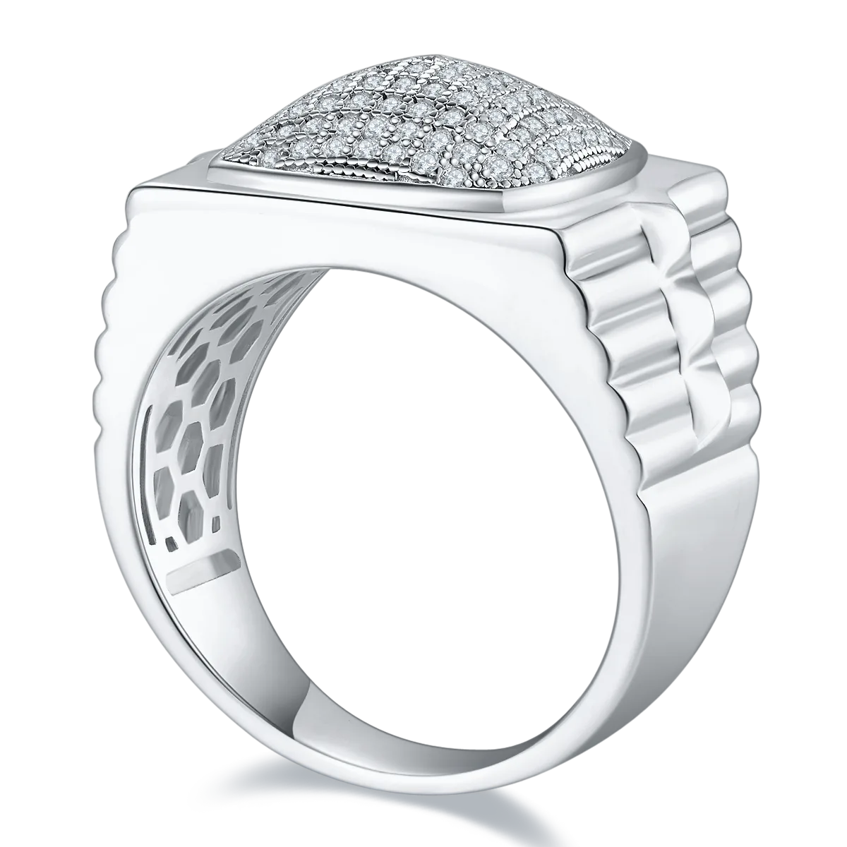 R3854 Luxury Pavé S925 White-Gold-Plated Silver Moissanite Men's Ring Melee Stones D 0.7ct