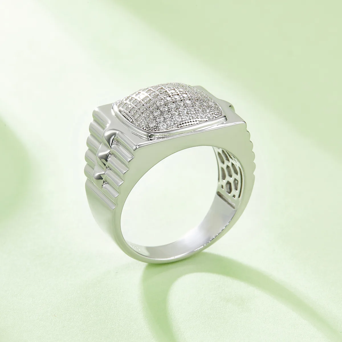 R3854 Luxury Pavé S925 White-Gold-Plated Silver Moissanite Men's Ring Melee Stones D 0.7ct