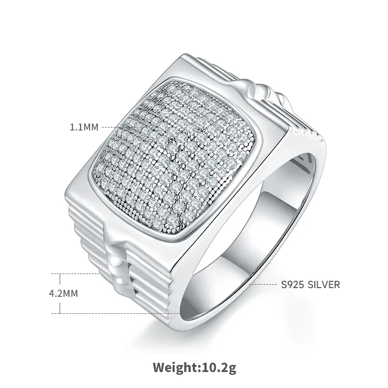 R3854 Luxury Pavé S925 White-Gold-Plated Silver Moissanite Men's Ring Melee Stones D 0.7ct