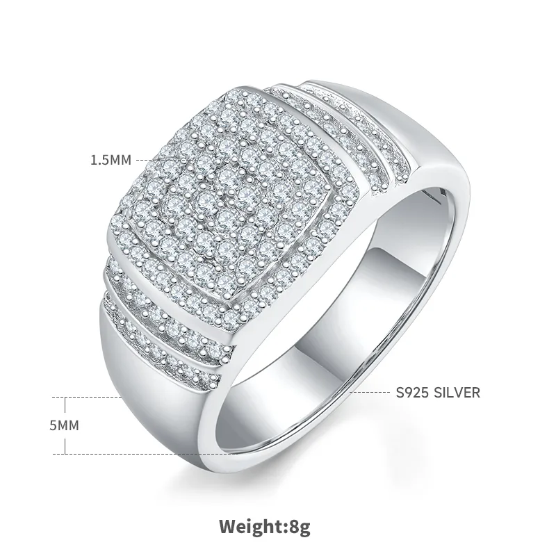 R6471 Luxury Pavé S925 White-Gold-Plated Silver Moissanite Men's Ring Melee Stones D 0.82ct