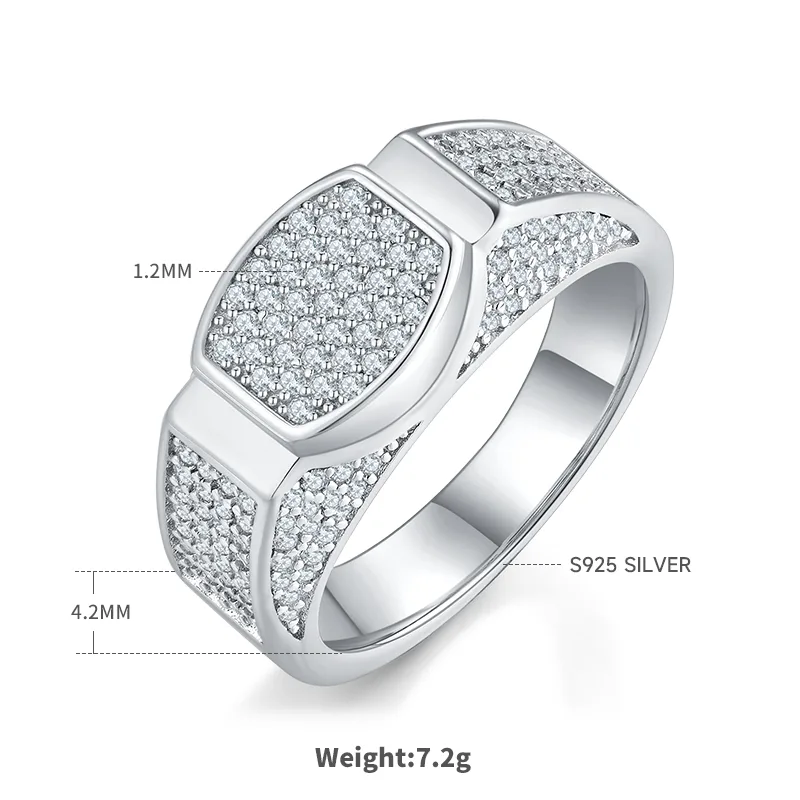R6477 Luxury Pavé S925 White-Gold-Plated Silver Moissanite Men's Ring Melee Stones D 0.95ct