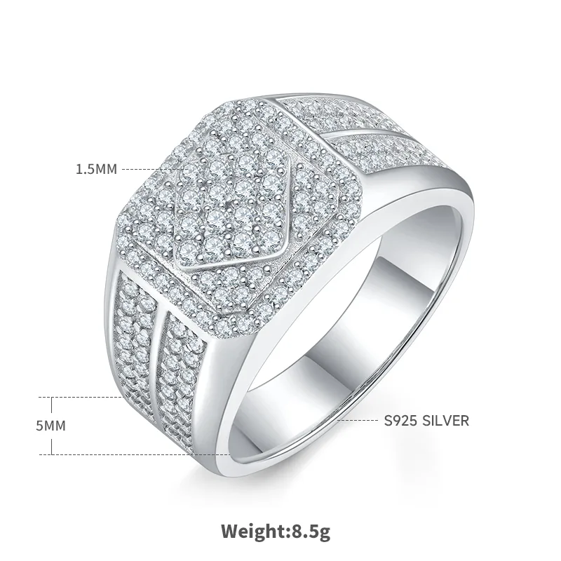 R6473 Luxury Pavé S925 White-Gold-Plated Silver Moissanite Men's Ring Melee Stones D 1.0ct