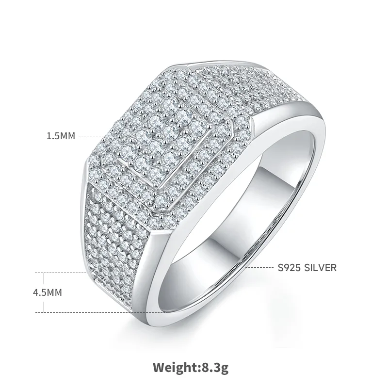 R6479 Luxury Pavé S925 White-Gold-Plated Silver Moissanite Men's Ring Melee Stones D 0.84ct