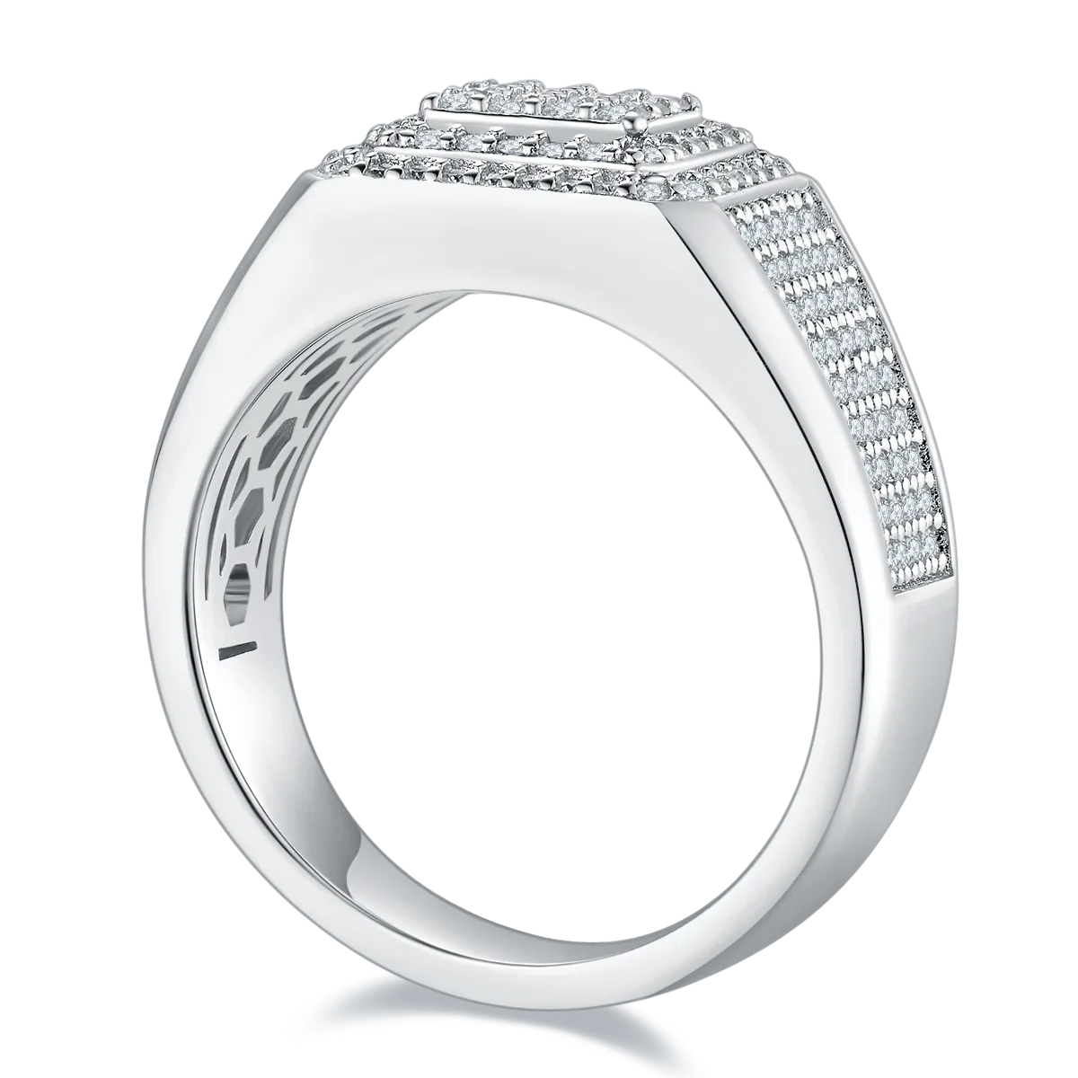 R6479 Luxury Pavé S925 White-Gold-Plated Silver Moissanite Men's Ring Melee Stones D 0.84ct