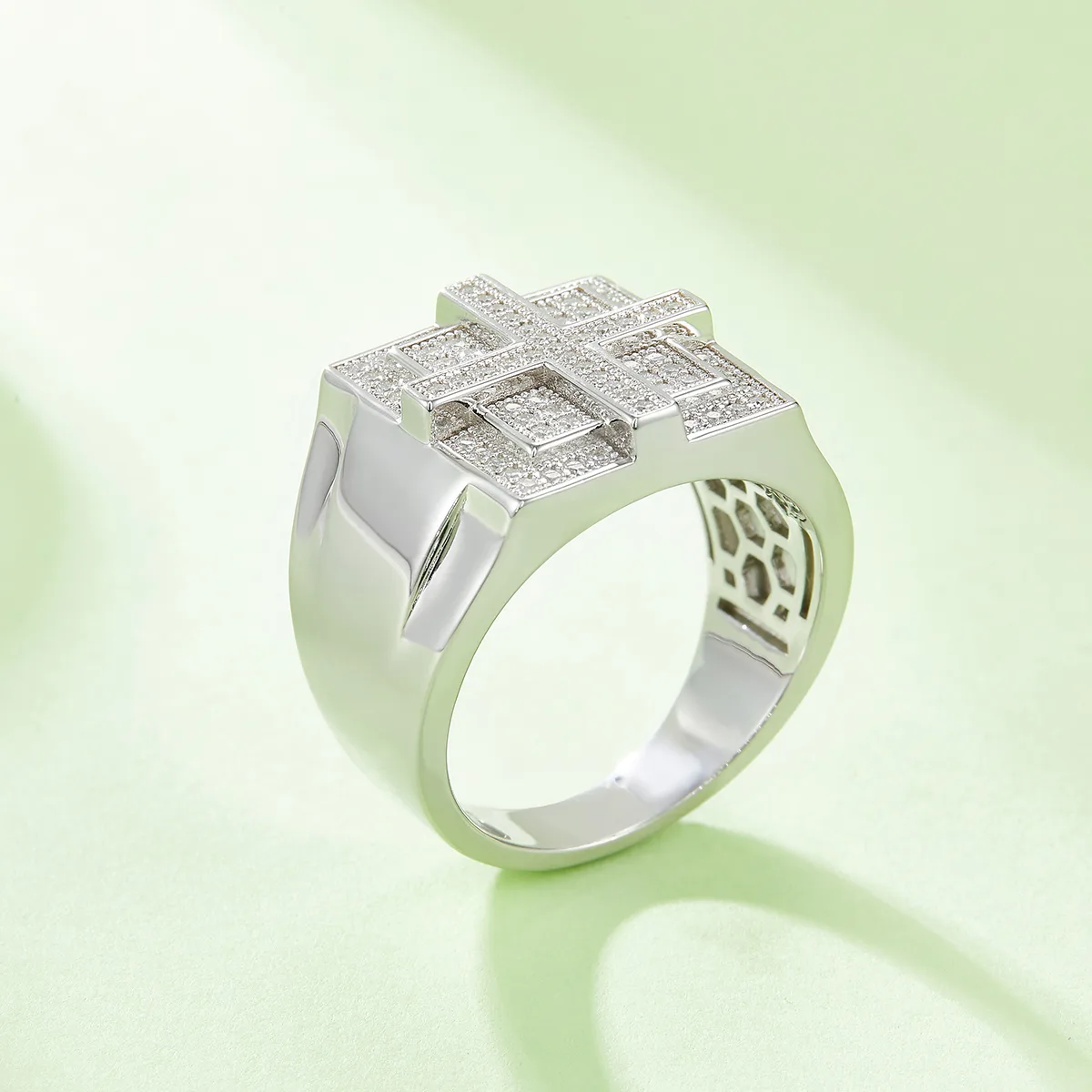 R3867 Luxury Pavé S925 White-Gold-Plated Silver Moissanite Men's Ring Melee Stones D 0.53ct