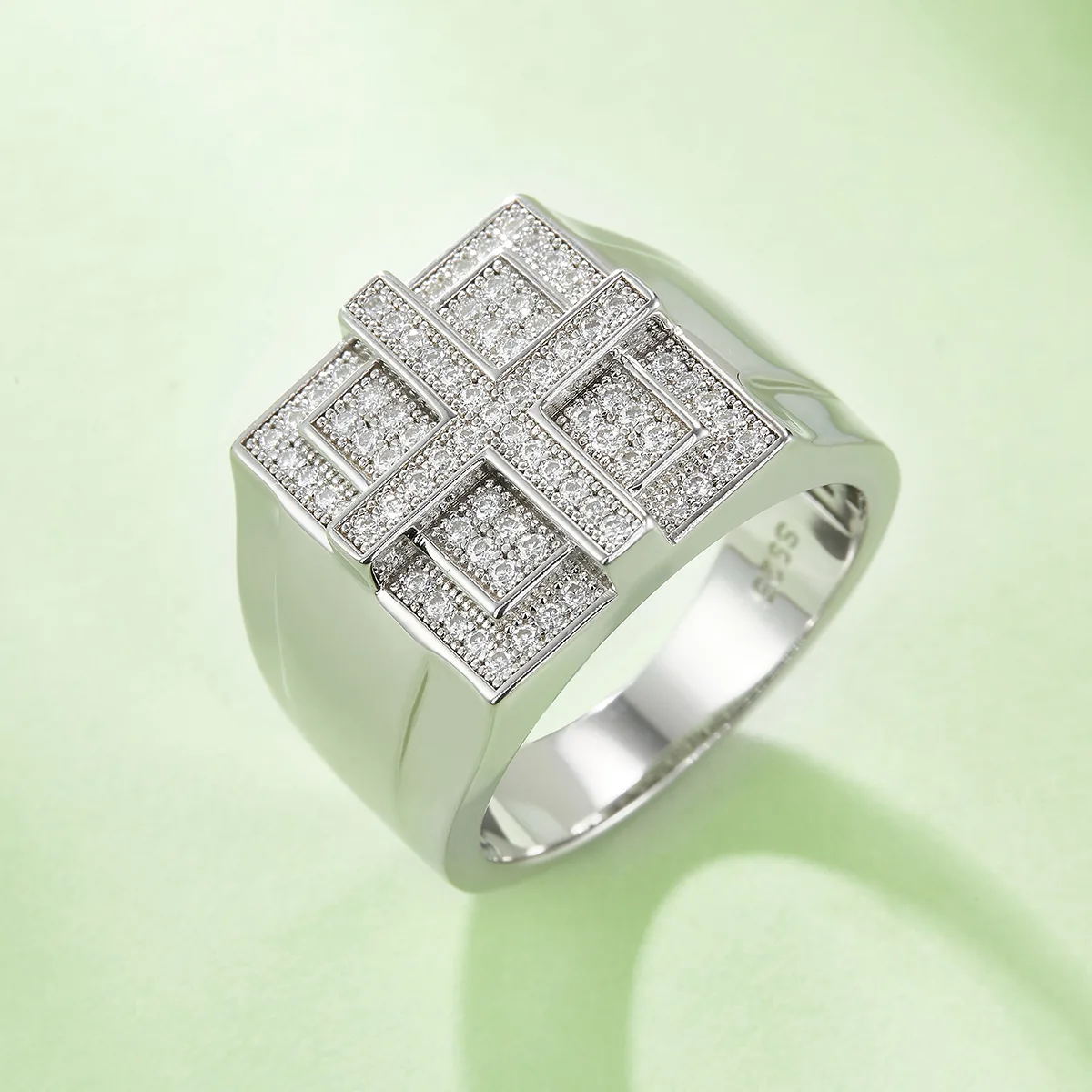 R3867 Luxury Pavé S925 White-Gold-Plated Silver Moissanite Men's Ring Melee Stones D 0.53ct