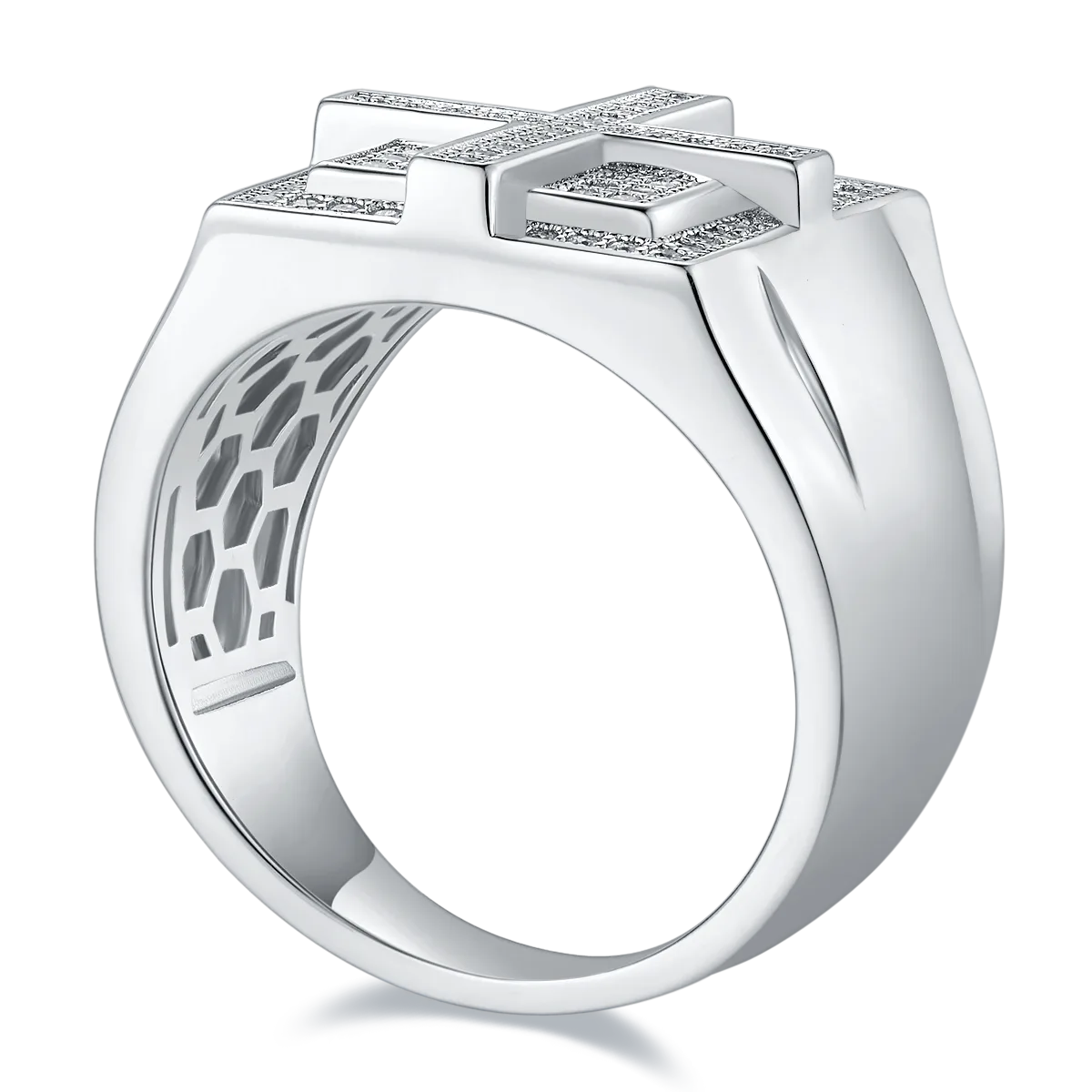 R3867 Luxury Pavé S925 White-Gold-Plated Silver Moissanite Men's Ring Melee Stones D 0.53ct
