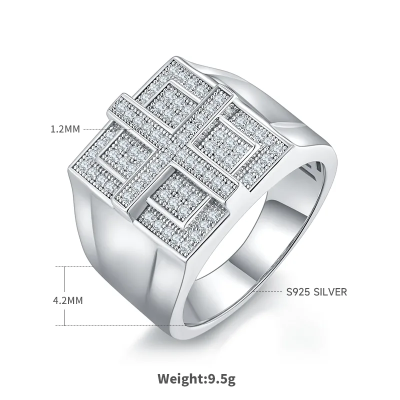 R3867 Luxury Pavé S925 White-Gold-Plated Silver Moissanite Men's Ring Melee Stones D 0.53ct