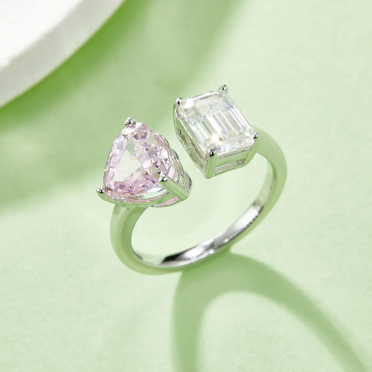 Heart Ice-Cut AND Rectangle Moissanite S925 White-Gold-Plated Silver Confession Ring Women's Ring 2ct D