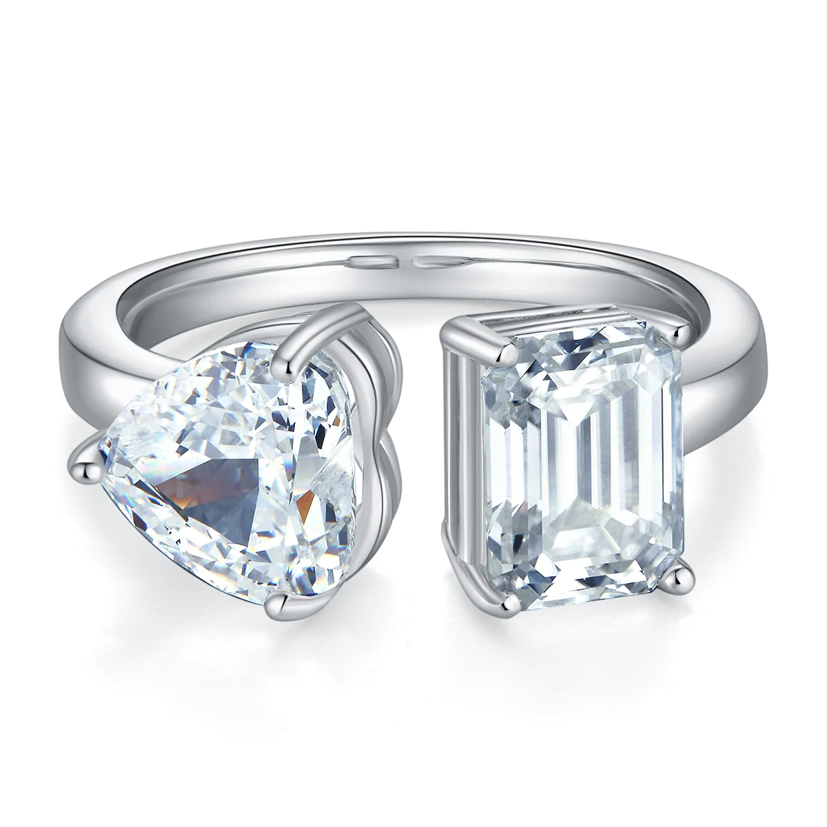 Heart Ice-Cut AND Rectangle Moissanite S925 White-Gold-Plated Silver Confession Ring Women's Ring 2ct D