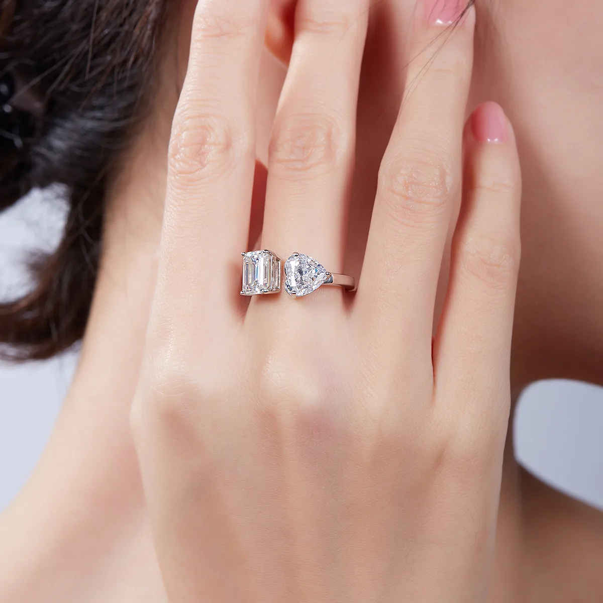 Heart Ice-Cut AND Rectangle Moissanite S925 White-Gold-Plated Silver Confession Ring Women's Ring 2ct D