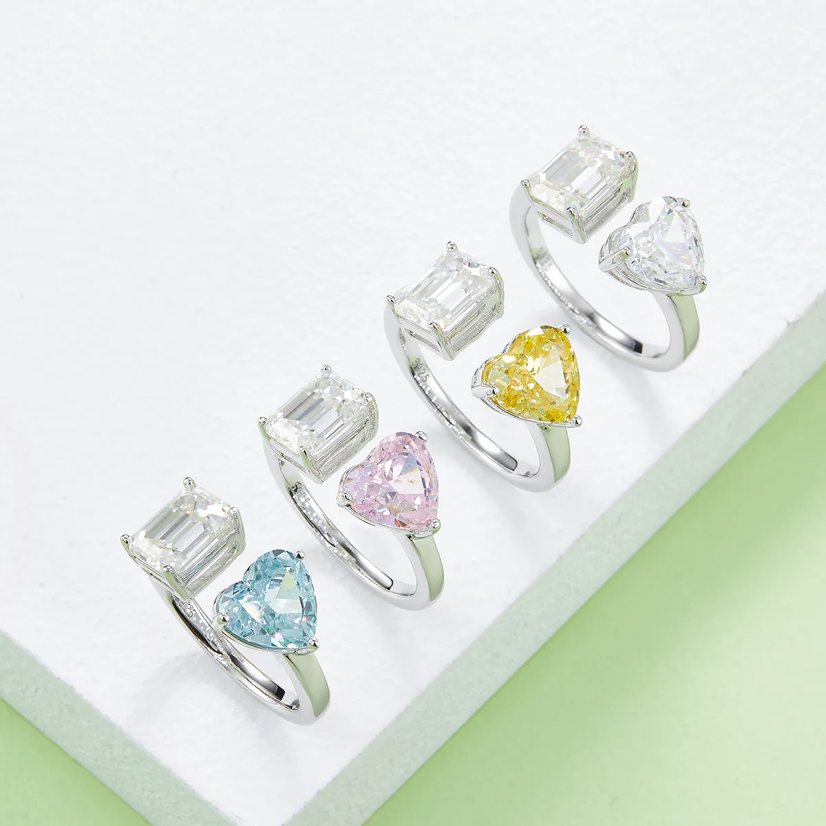 Heart Ice-Cut AND Rectangle Moissanite S925 White-Gold-Plated Silver Confession Ring Women's Ring 2ct D
