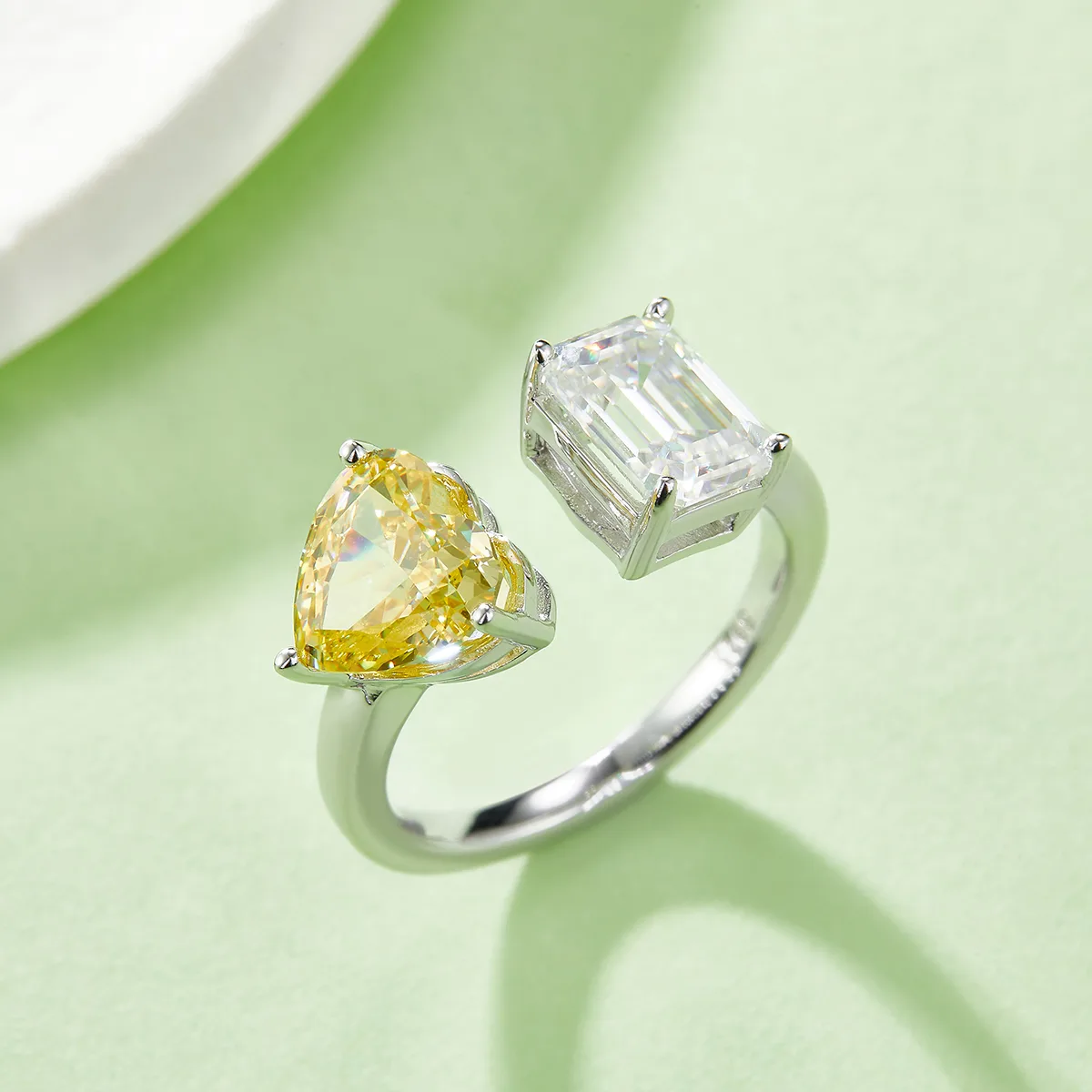 Heart Ice-Cut AND Rectangle Moissanite S925 White-Gold-Plated Silver Confession Ring Women's Ring 2ct D