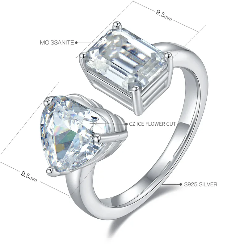 Heart Ice-Cut AND Rectangle Moissanite S925 White-Gold-Plated Silver Confession Ring Women's Ring 2ct D