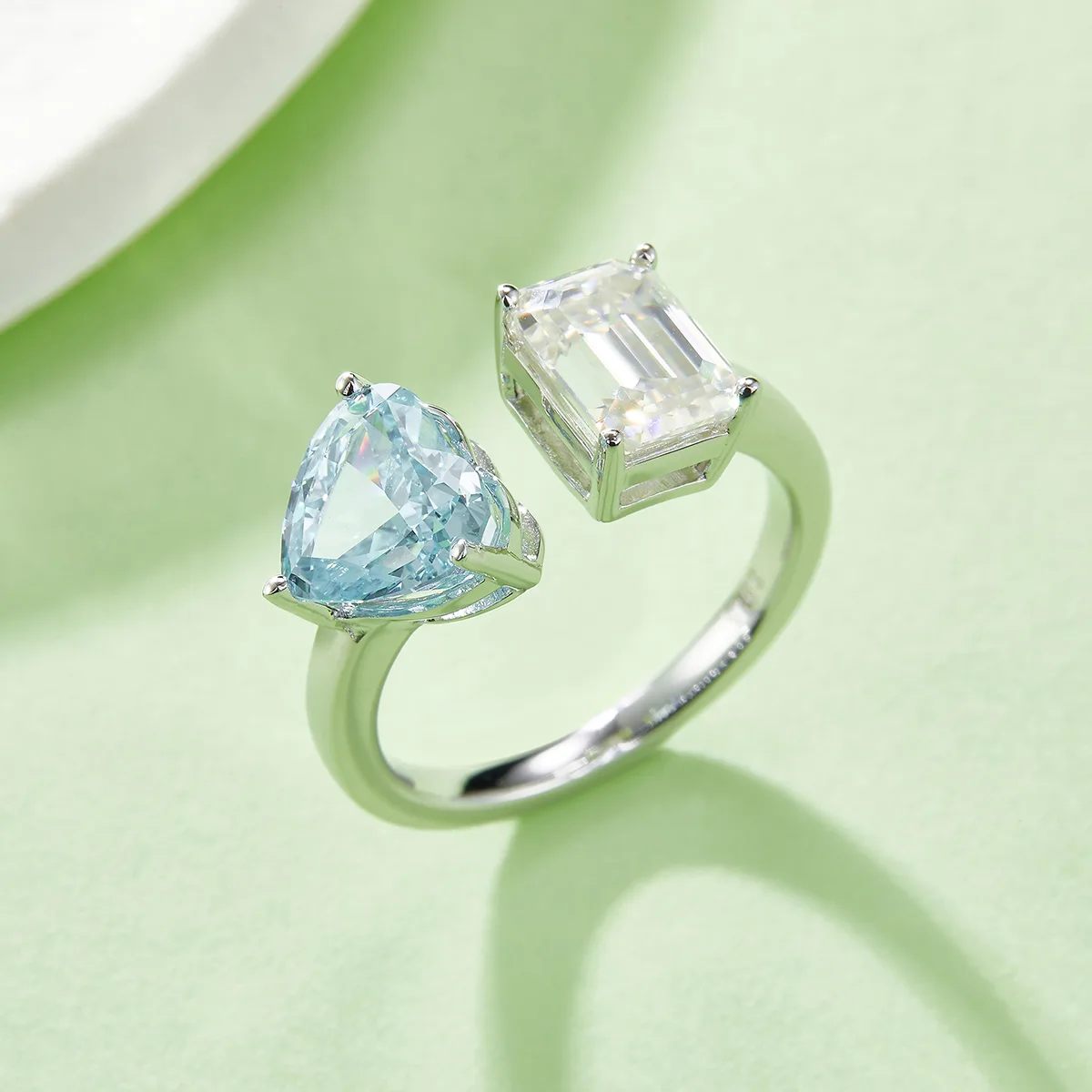 Heart Ice-Cut AND Rectangle Moissanite S925 White-Gold-Plated Silver Confession Ring Women's Ring 2ct D