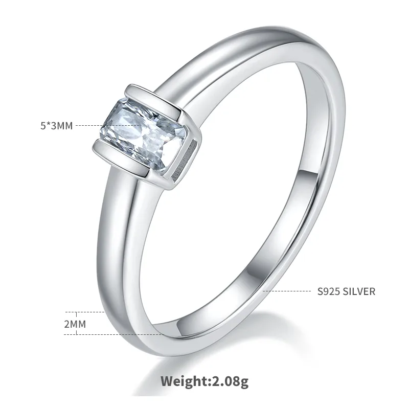 Minimalist Rectangle S925 White-Gold-Plated Silver Moissanite Engagement Ring Women's Ring 0.5ct D